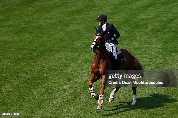 Simon Delestre of France riding Chesall competes in the Class 02 CSI5* 1.50/1.55m Against the Clock with Jump-Off during the Longines Global...