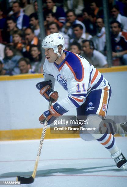 Mark Messier of the Edmonton Oilers skates on the ice during the 1988 Stanley Cup Finals against the Boston Bruins in May, 1988 at the Northlands...