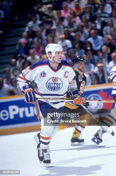Mark Messier of the Edmonton Oilers skates on the ice during the 1990 Stanley Cup Finals against the Boston Bruins in May, 1990 at the Northlands...