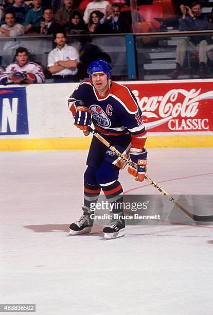 Mark Messier of the Edmonton Oilers skates on the ice during an NHL game against the New York Rangers on January 15, 1991 at the Madison Square...