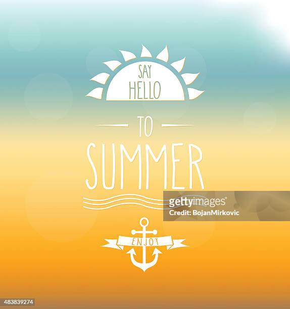 ilustraciones, imágenes clip art, dibujos animados e iconos de stock de say hello to summer dibujados a mano en la etiqueta. fondo de malla - hello