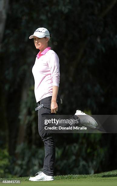 Sarah Jane Smith reacts after putting on the 1st green during the First Round of the KIA Classic at the Park Hyatt Aviara Resort on March 27, 2014 in...