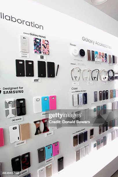 General atmosphere of Samsung Unpacked 2015 featuring accessories for the Galaxy S6 edge+ and Galaxy Note5 on August 13, 2015 in New York City.