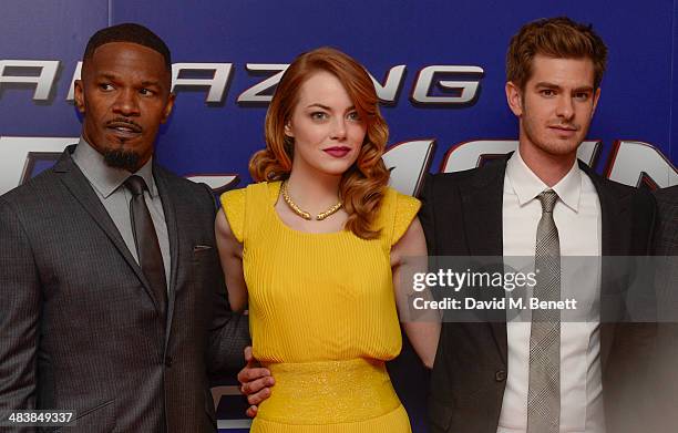 Jamie Foxx,Andrew Garfield, Emma Stone,attend the World Premiere of "The Amazing Spider-Man 2" at Odeon Leicester Square on April 10, 2014 in London,...