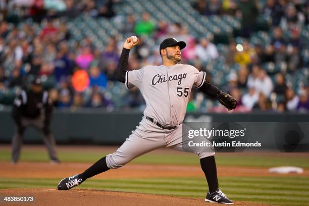 Starting pitcher Felipe Paulino of the Chicago White Sox in action against the Colorado Rockies at Coors Field on April 7, 2014 in Denver, Colorado.