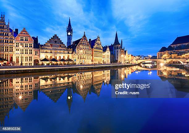 graslei harbour at dusk, ghent, belgium - ghent belgium stock pictures, royalty-free photos & images