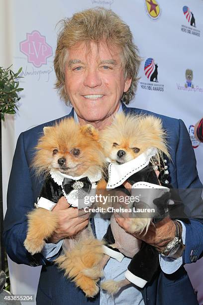 Personalities Ken Todd, Giggy the Pomeranian and Giggy's father arrive at a luncheon hosted by Lisa Vanderpump benefiting The American Humane...