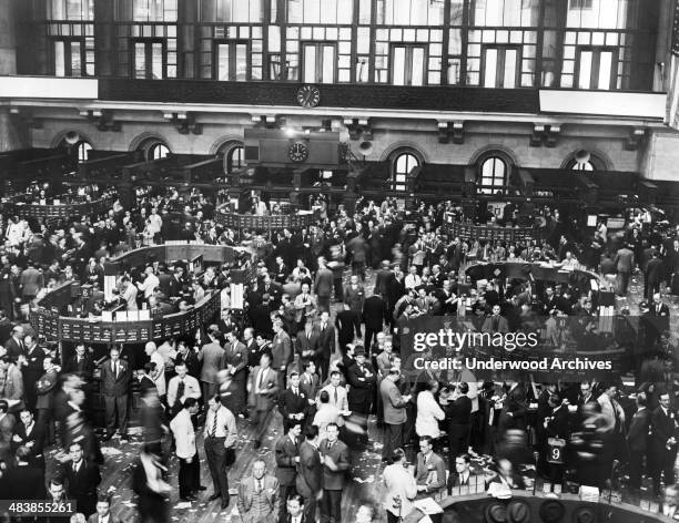 The floor of the New York Stock Exchange shortly after President Roosevelt declared war on Japan after the attack the day before on Pearl Harbor, New...