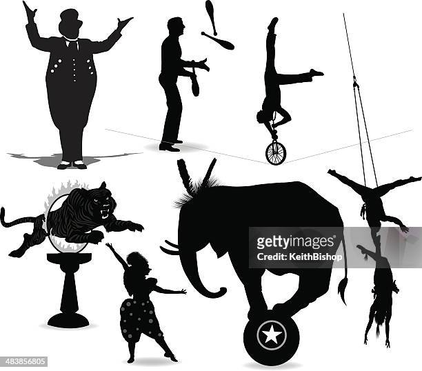 circus performers, acrobat, juggler, clown, ring leader - arrangement stock illustrations