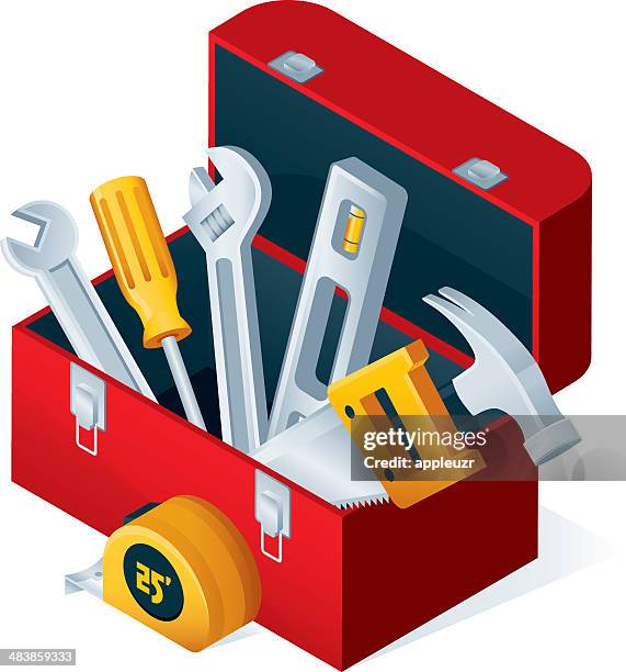 ilustraciones, imágenes clip art, dibujos animados e iconos de stock de caja de herramientas con herramientas abierta - caja de herramientas