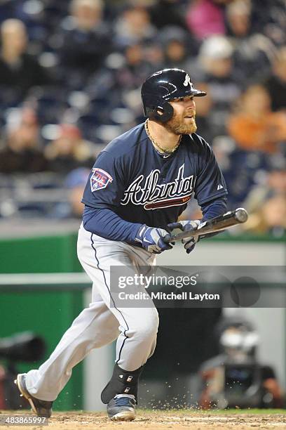 Ryan Doumit of the Atlanta Braves takes a swing during the game against the Washington Nationals on April 5, 2014 at Nationals Park in Washington,...