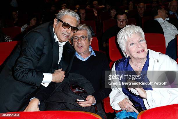 Singer Enrico macias, Michel Boujenah and singer Line Renaud attend the '24 Jours' Paris Premiere at Cinema Gaumont Marignan on April 10, 2014 in...