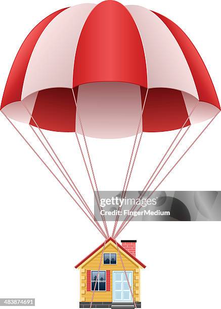 ilustraciones, imágenes clip art, dibujos animados e iconos de stock de paracaídas con house - paracaídas
