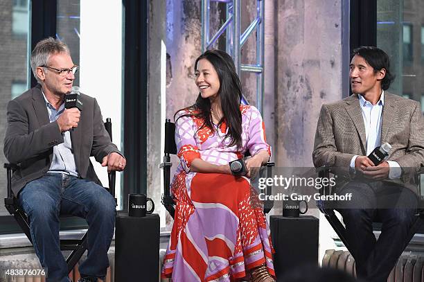 Writer/mountaineer Jon Krakauer, filmmakers E.Chai Vasarhelyi and Jimmy Chin attend AOL Build Presents: "MERU" at AOL Studios In New York on August...