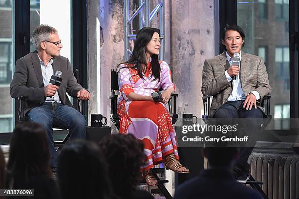 Writer/mountaineer Jon Krakauer, filmmakers E.Chai Vasarhelyi and Jimmy Chin attend AOL Build Presents: "MERU" at AOL Studios In New York on August...