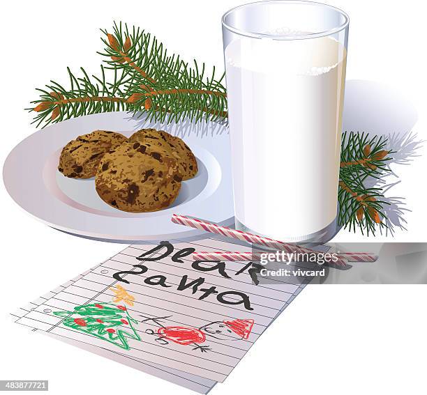 milk and cookies for santa - chocolate chip cookie on white stock illustrations