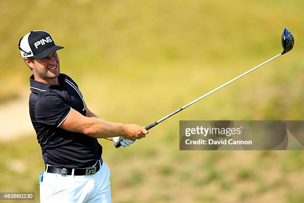 David Lingmerth of Sweden watches his tee shot on the second hole during the first round of the 2015 PGA Championship at Whistling Straits on August...