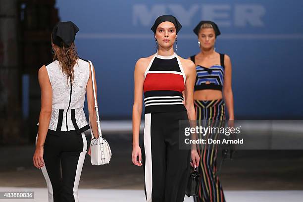 Model showcases designs by Cue on the catwalk during the Myer Spring 2015 Fashion Launch on August 13, 2015 in Sydney, Australia.