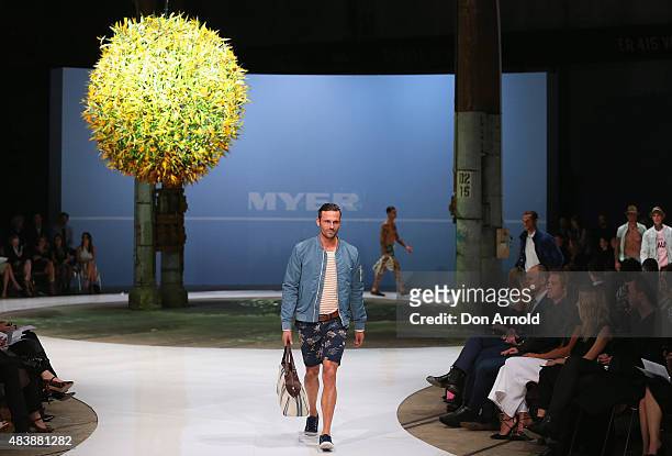 Model showcases designs by Scotch and Soda on the catwalk during the Myer Spring 2015 Fashion Launch on August 13, 2015 in Sydney, Australia.