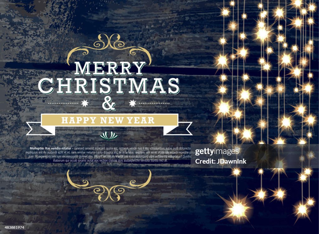 Horizontal Christmas and New Year invitation design woodgrain string lights