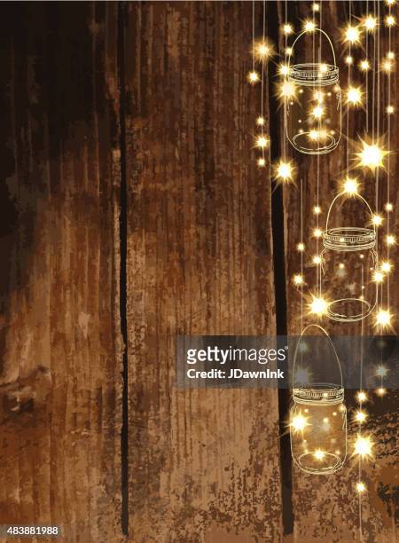 wooden background with  jar and string lights - canning stock illustrations