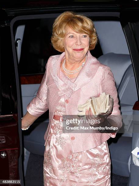 Sabina Higgins, wife of Irish President Michael D Higgins, steps out of one of Queen Elizabeth II's Bentley State Limousines as she arrives to attend...