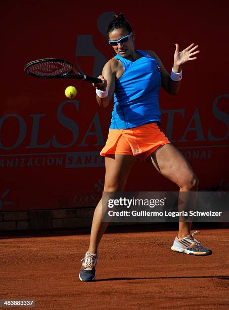 Argentina's tennis player Paula Ormaechea returns the ball to Spanish player Paula Ormaechea during their WTA Bogota Open match at El Rancho Club on...