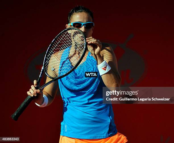 Argentina's tennis player Paula Ormaechea gestures during the WTA Bogota Open match against Spanish player Paula Ormaechea, at El Rancho Club on...