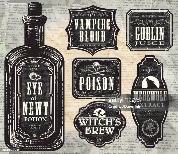 set of  hallowe'en printable black and white labels with bottle - vintage label stock illustrations