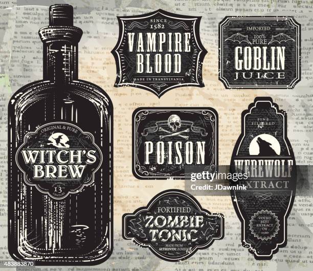 set of  hallowe'en printable black and white labels with bottle - beer label stock illustrations