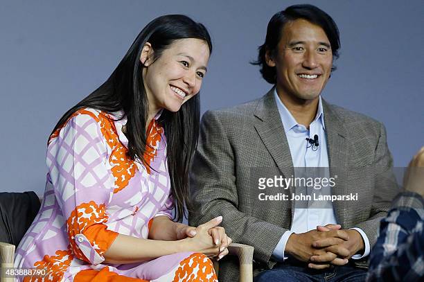 Filmmakers Elizabeth Chai Vasarhelyi Jimmy Chin attend "Meru" discussion at the Apple Store Soho on August 13, 2015 in New York City.