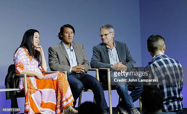 Filmmakers Elizabeth Chai Vasarhelyi, Jimmy Chin and author Jon Krakauer attend "Meru" discussion at the Apple Store Soho on August 13, 2015 in New...