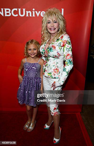 Actress Alyvia Alyn Lind and singer Dolly Parton arrive at the NBCUniversal 2015 Summer Press Tour at the Beverly Hilton on August 13, 2015 in...