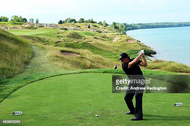 Phil Mickelson of the United States hits his tee shot on the 13th hole during the first round of the 2015 PGA Championship at Whistling Straits on...