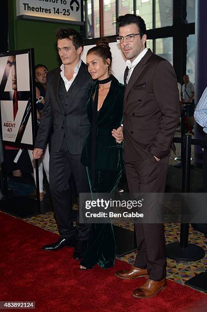 Actors Rupert Friend, Hannah Ware and Zachary Quinto attend the New York premiere of "Hitman Agent 47" at AMC Empire 25 theater on August 13, 2015 in...