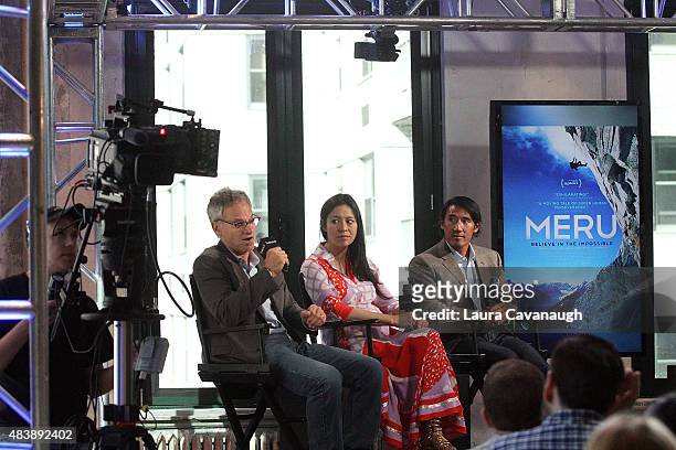 Jon Krakauer, E. Chai Vasarhelyi and Jimmy Chin attend AOL Build Presents: "MERU"at AOL Studios In New York on August 13, 2015 in New York City.
