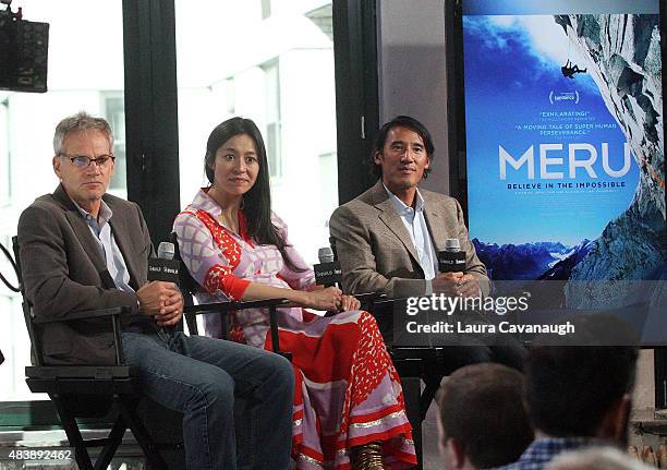 Jon Krakauer, E. Chai Vasarhelyi and Jimmy Chin attend AOL Build Presents: "MERU"at AOL Studios In New York on August 13, 2015 in New York City.