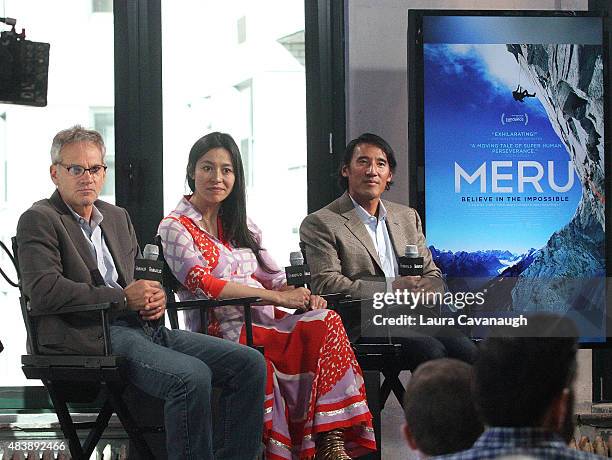 Jon Krakauer, E. Chai Vasarhelyi and Jimmy Chin attend AOL Build Presents: "MERU"at AOL Studios In New York on August 13, 2015 in New York City.