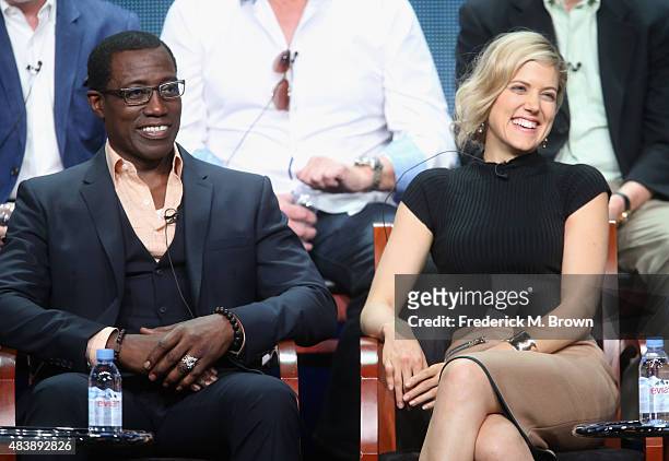 Actors Wesley Snipes and Charity Wakefield speak onstage during NBC's 'The Player' panel discussion at the NBCUniversal portion of the 2015 Summer...