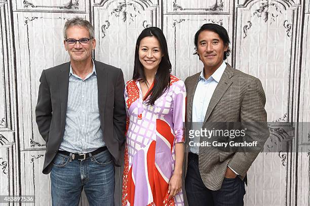 Writer/mountaineer Jon Krakauer, filmmakers E.Chai Vasarhelyi and Jimmy Chin attend AOL Build Presents: "MERU" at AOL Studios In New York on August...