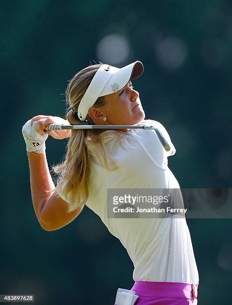 Amy Anderson tees off on the 13th hole during the first round of the LPGA Cambia Portland Classic at Columbia Edgewater Country Club on August 13,...