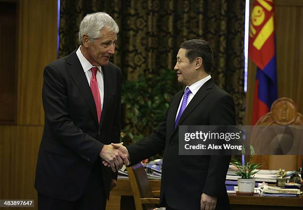 Secretary of Defense Chuck Hagel meets with Mongolian Prime Minister Norov Altankhuyag at the Government House April 10, 2014 in Ulaanbaatar,...