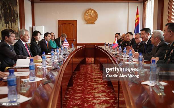 Secretary of Defense Chuck Hagel meets with Mongolian Defense Minister Dashdemberal Bat-Erdene at the Mongolian Ministry of Defense April 10, 2014 in...