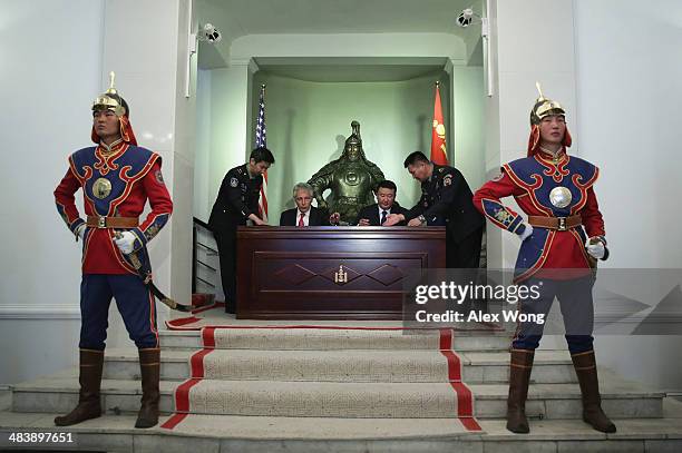 Secretary of Defense Chuck Hagel and Mongolian Defense Minister Dashdemberal Bat-Erdene participate in a signing ceremony of a joint vision statement...