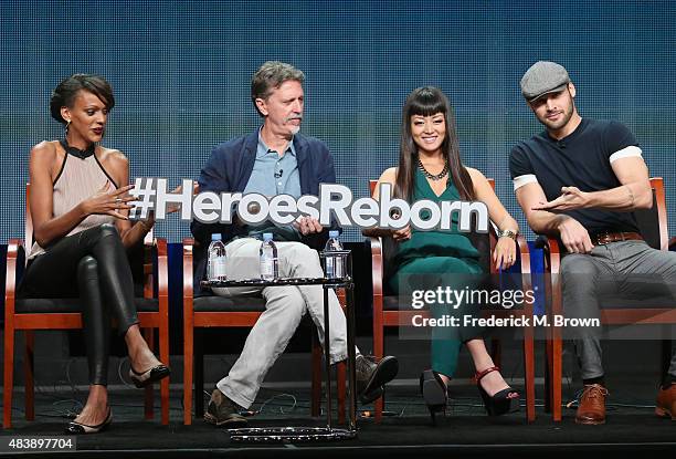 Actoress Judi Shekoni, executive producer Tim Kring, actors Kiki Sukezane and Ryan Guzman speak onstage during NBC's 'Heroes Reborn' panel discussion...