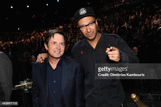 Actor Michael J. Fox and musician Tom Morello attend the 29th Annual Rock And Roll Hall Of Fame Induction Ceremony at Barclays Center of Brooklyn on...