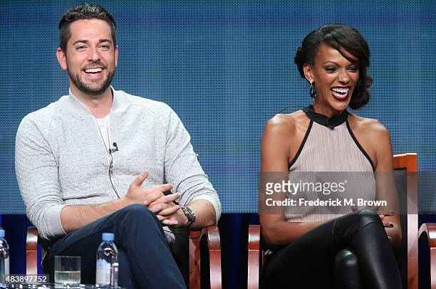 Actors Zachary Levi and Judi Shekoni speak onstage during NBC's 'Heroes Reborn' panel discussion at the NBCUniversal portion of the 2015 Summer TCA...