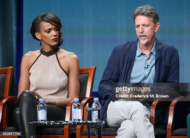 Actress Judi Shekoni and executive producer Tim Kring speak onstage during NBC's 'Heroes Reborn' panel discussion at the NBCUniversal portion of the...