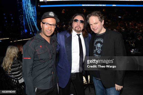 Tom Morello, Ace Frehley and Eddie Trunk attend the 29th Annual Rock And Roll Hall Of Fame Induction Ceremony at Barclays Center of Brooklyn on April...