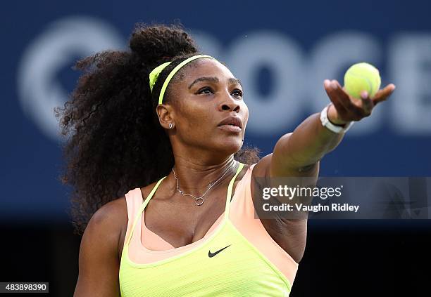 Serena Williams of the USA serves against Andrea Petkovic of Germany during Day 4 of the Rogers Cup at the Aviva Centre on August 13, 2015 in...